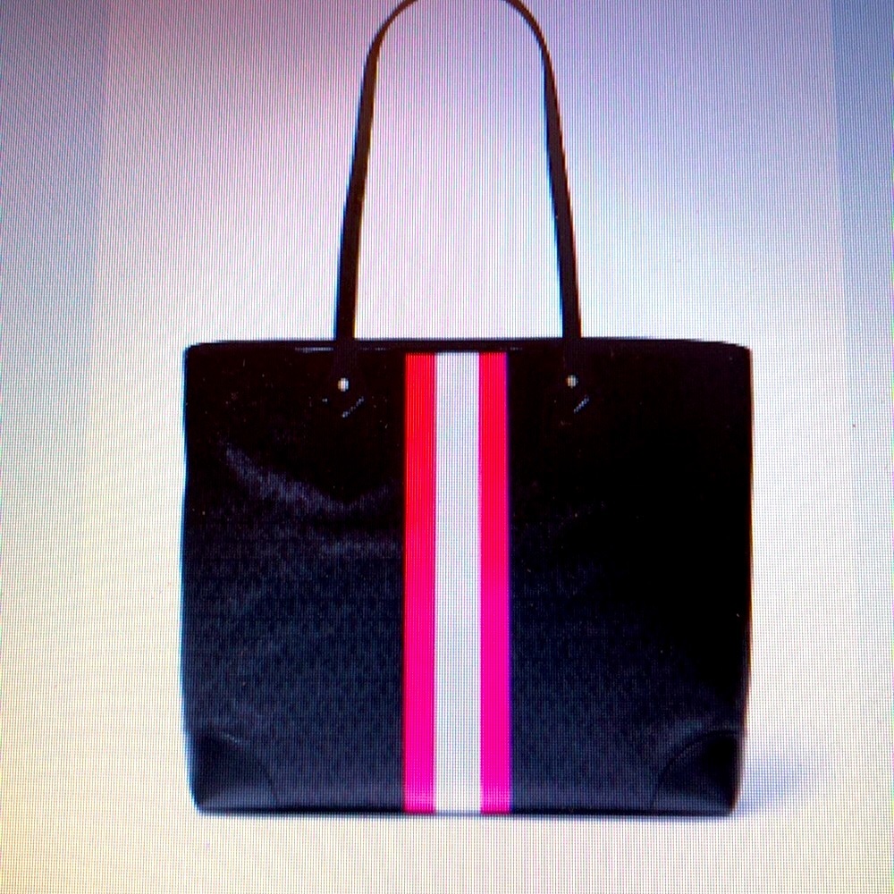 NWT Michael Kors LG. Black Coated Canvas  Eva Tote Bag with Pink/White Stripes - Picture 2 of 8